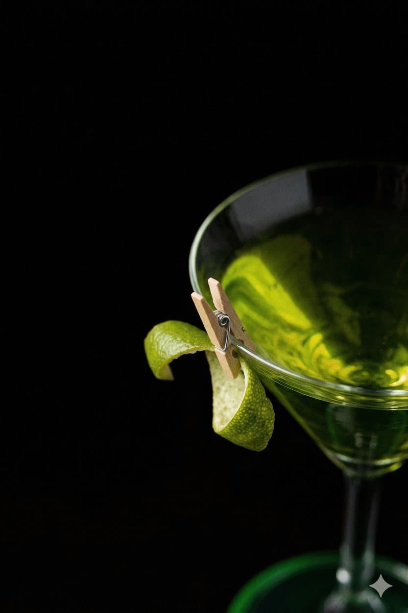 Coppa di Gimlet con una scorza di lime fermata da una molletta